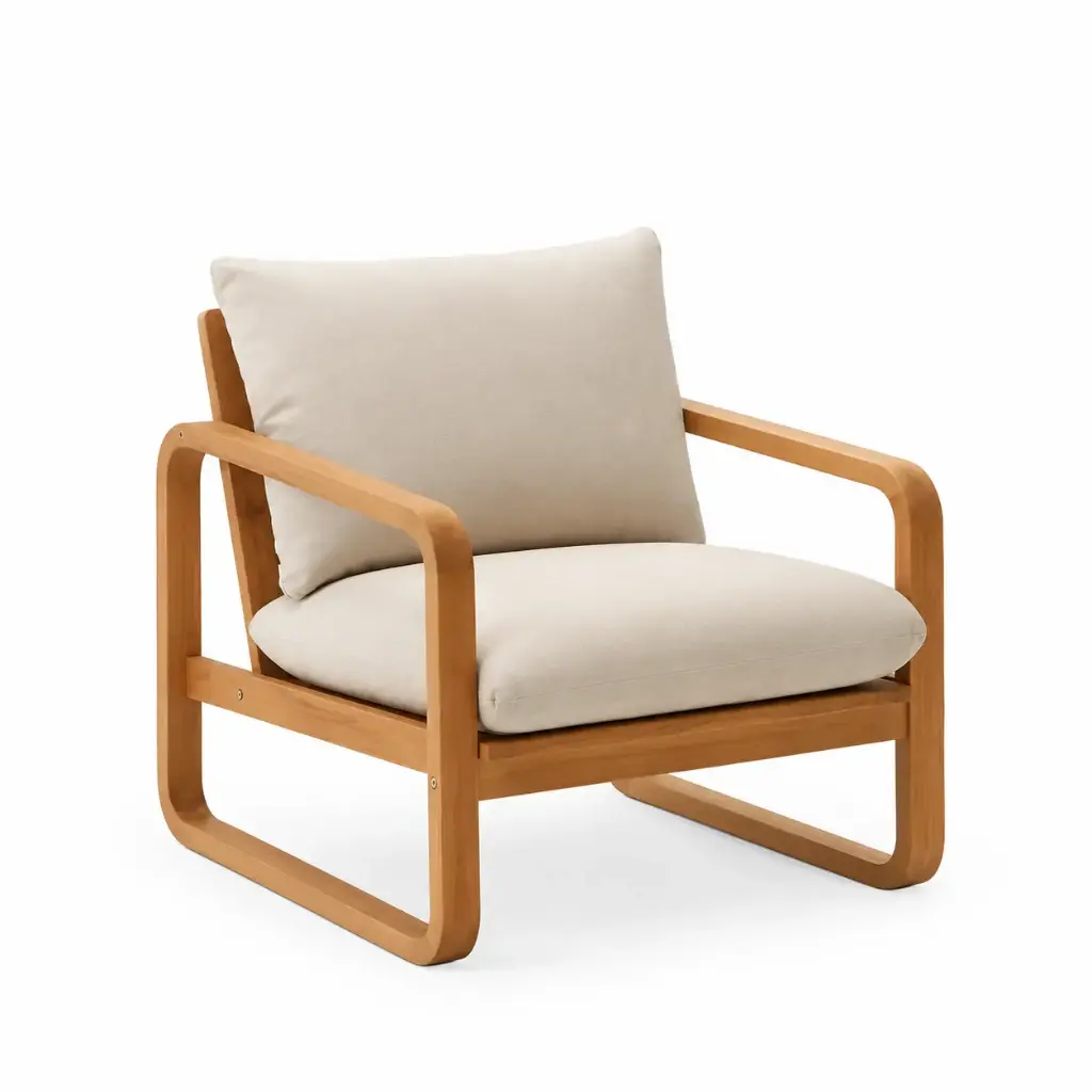 Sacaleta sillón madera, textilene y cojinería loneta // Exterior 100 %.