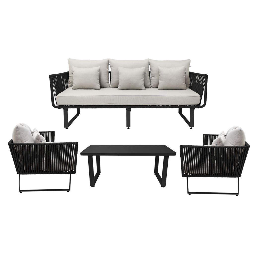 Vallarta sala 3+1+1+ mesa metal negro cuerda negra con cojinería // Exterior techado