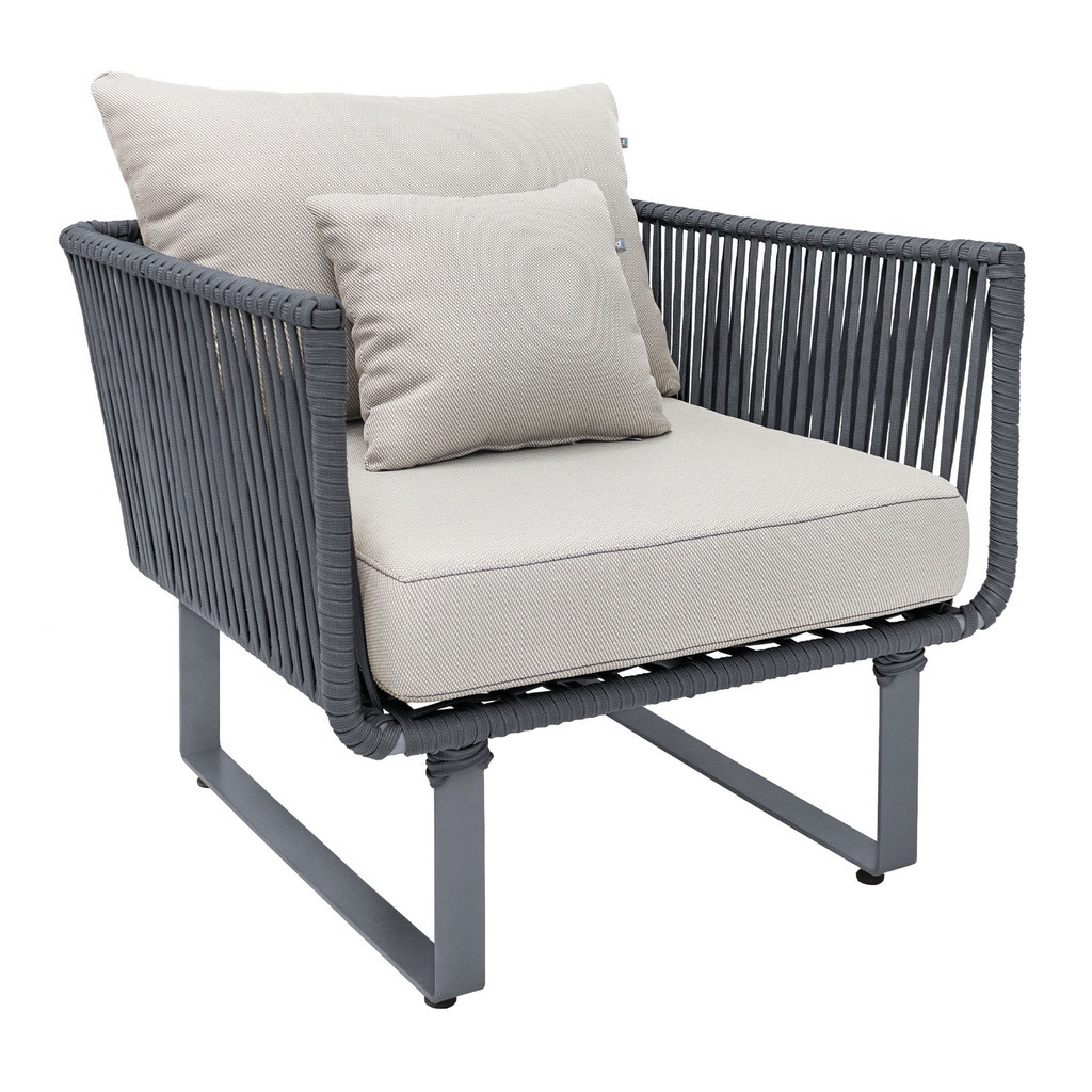 Vallarta sillon metal negro cuerda gris cojinería en tela curri // Exterior techado