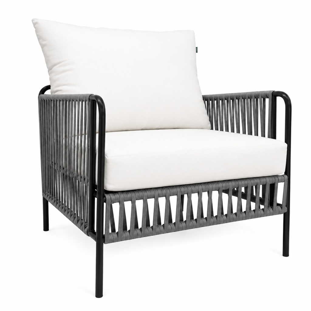 Chetumal sillón metal negro cuerda gris cojinería // Exterior techado