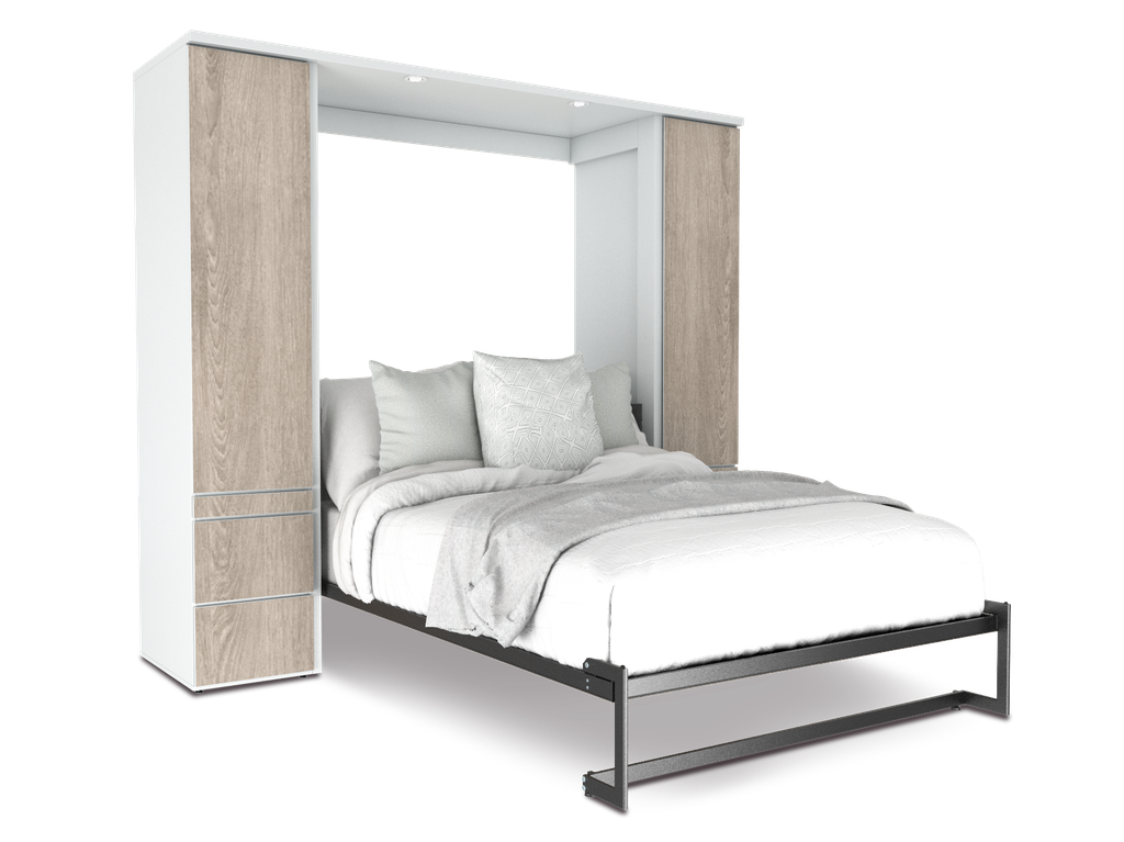 Shubuya cama abatible, closet y mesa matrimonial con laminado de madera color acacia // MS