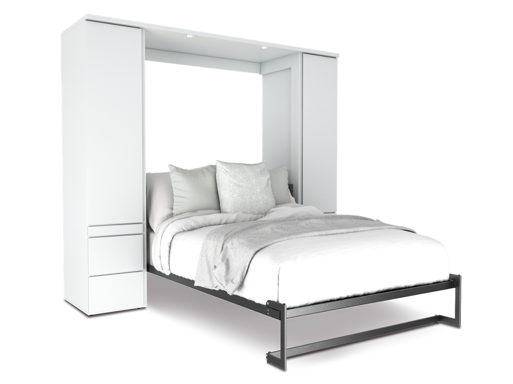 Shubuya cama abatible, closet y mesa matrimonial con laminado de madera color blanca // MS