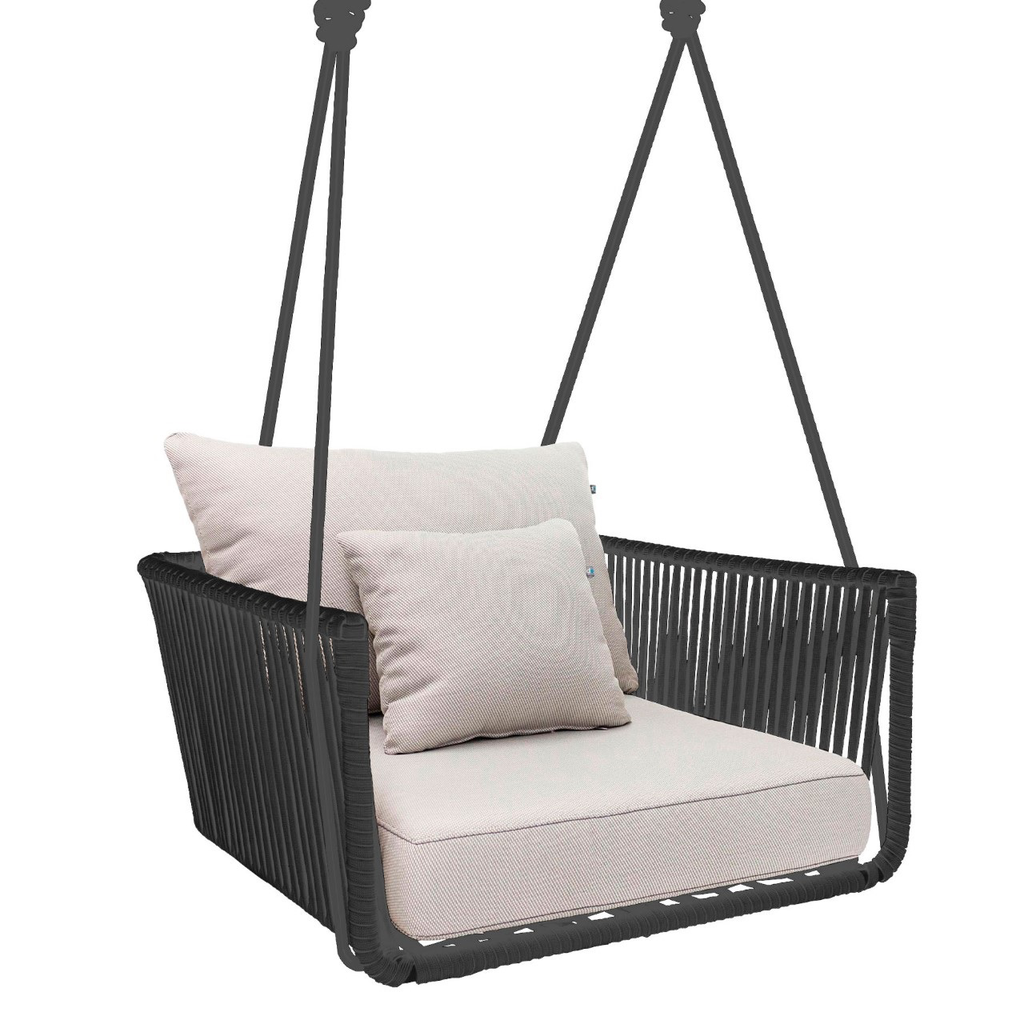 Vallarta columpio sillon metal gris cuerda gris con cojinería en tela curri // Exterior techado