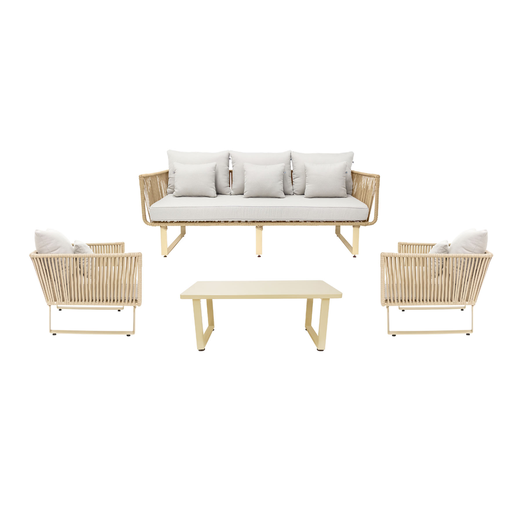 Vallarta sala 3+1+1+ mesa metal beige cuerda beige con cojinería // Exterior techado