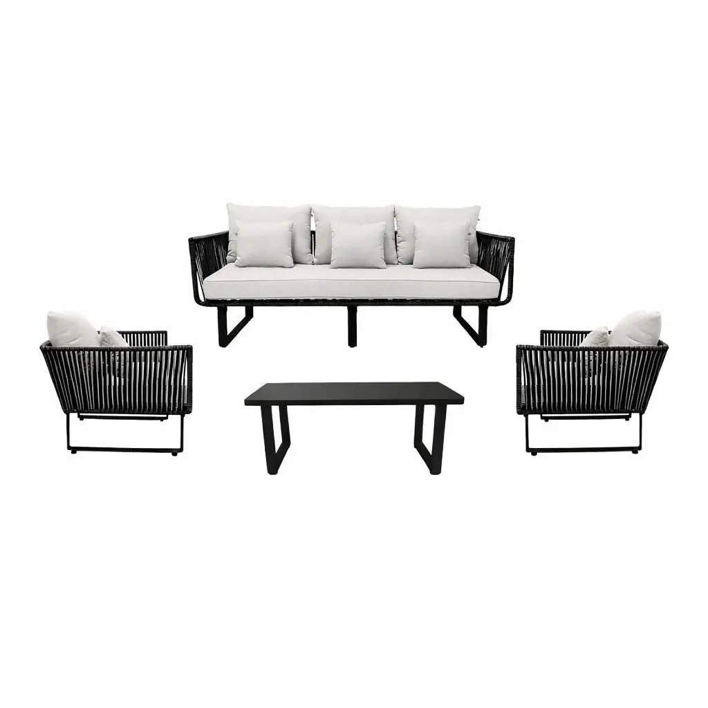 Vallarta sala 3+1+1+ mesa metal negro cuerda negra cojinería loneta exterior