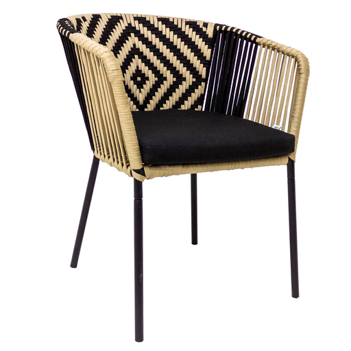 [56777SI] Huasteca silla metal negro cuerda negra con café con cojín // Exterior techado