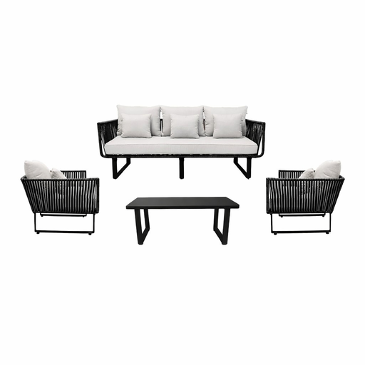 [50806SE] Vallarta sala 3+1+1+ mesa metal negro cuerda negra con cojinería // Exterior techado