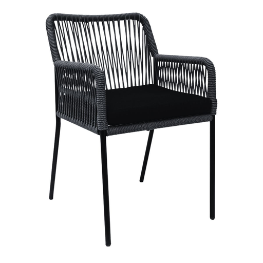 [54681SI] Chapala silla metal negro cuerda negra cojín tela curri // Exterior techado