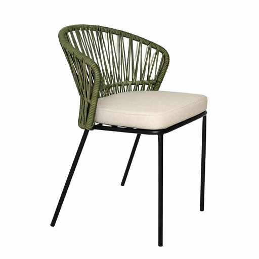 [62042SI] Etzatlan silla estibable metal negro cuerda verde militar cojín // Exterior techado