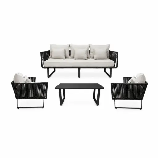 [53621SET] Vallarta sala 3+1+1+ mesa acero galvanizado negro textilene negro cojinería loneta // Exterior 100% 