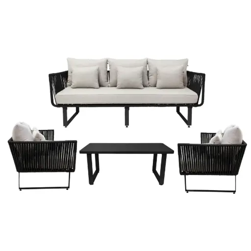 [53621SET] Vallarta sala 3+1+1+ mesa acero galvanizado negro textilene negro cojinería loneta // Exterior 100% 