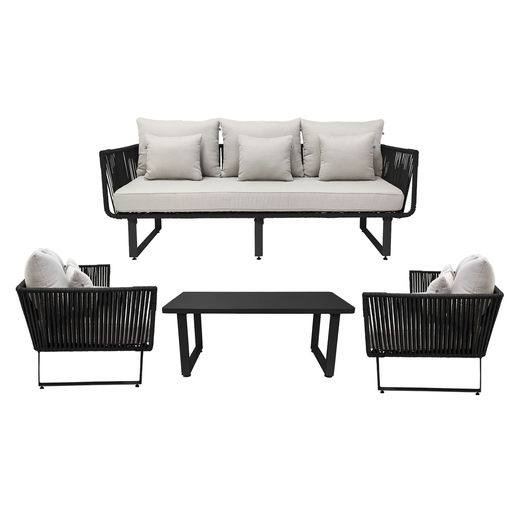 [53621SET] Vallarta sala 3+1+1+ mesa acero galvanizado negro textilene negro cojinería loneta // Exterior 100% 