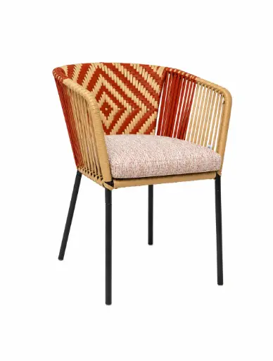 [62871SI] Huasteca silla metal negro cuerda beige y terracota con cojín // Exterior techado