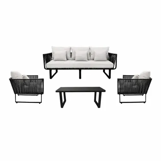 [53621SE] Vallarta sala 3+1+1+ mesa metal negro cuerda negra cojinería loneta exterior